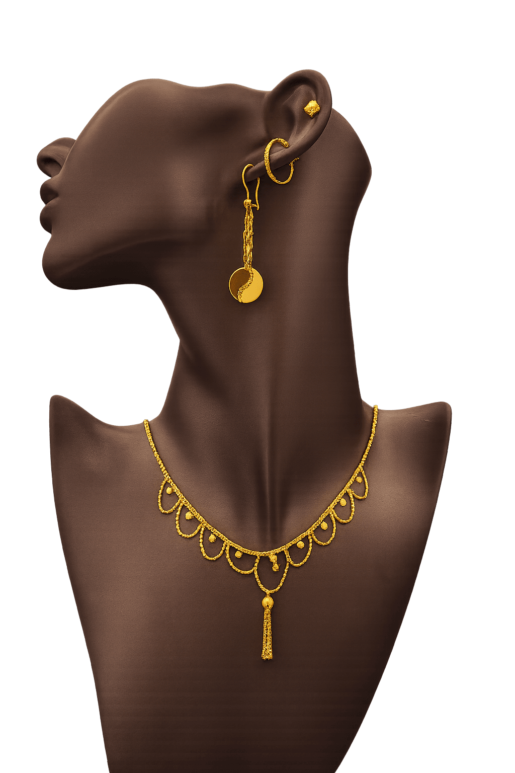 Delicate scalloped gold collar with hanging drop, paired earrings, on a dark mannequin bust