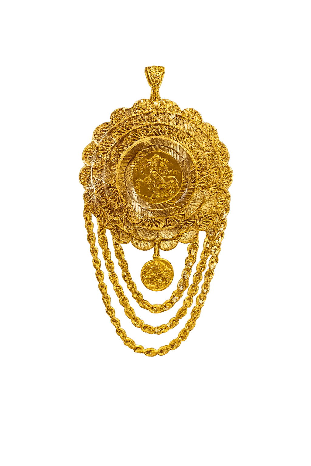 Filigree gold medallion shown flat with chainwork, lit warmly from behind