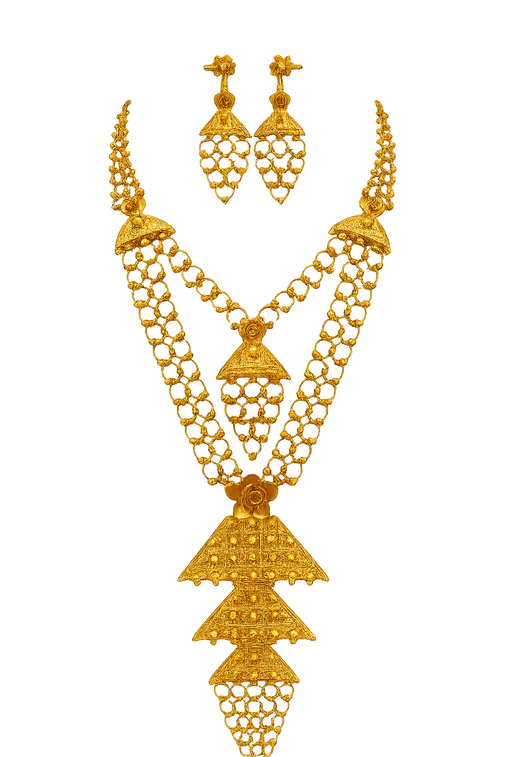 Ornate ceremonial gold parure: necklace and earrings in stepped triangular form